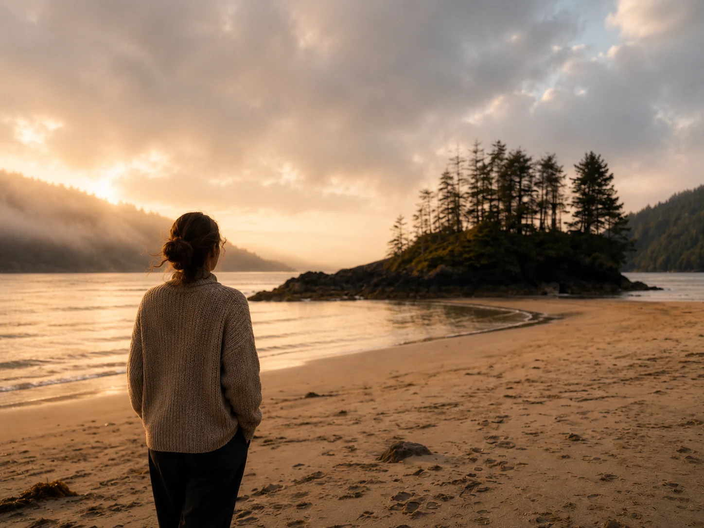A woman looking across a quiet coastal beach toward a wooded island at golden hour.