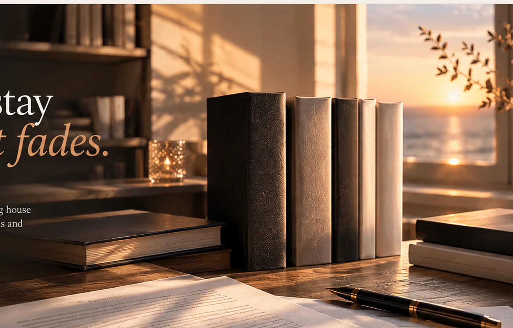 Contemporary books and publishing proofs in warm late-day light